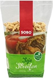 Die zarten Soja Streifen von Sobo eignen sich ganz hervorragend zur Zubereitung eines krossen Gyros oder als Gulasch-Ersatz.
