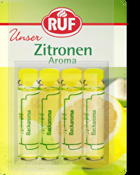 Das flüssige Zitronen-Aroma von RUF verzaubert Kuchen- oder Waffelteig im Nu! Die vier kleinen Fläschchen enthalten jeweils 2 ml Zitronenaroma.