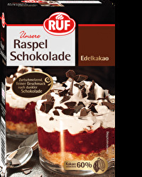 Die Raspelschokolade Edelkakao von RUF verleiht deinen Desserts und Backkreationen eine edle Optik und eine besonders feine Kakaonote.