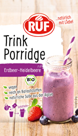 Für dein gesundes Frühstück mit Zutaten aus bester Bio-Qualität: Im Bio Trink Porridge Erdbeer-Heidelbeer von RUF geben dir fein gemahlene Vollkorn-Haferflocken einen Ballaststoff-Kick.