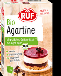 Bio Agartine von RUF ist als Geliermittel sowohl für Süßspeisen als auch für herzhafte Sülzen geeignet. Einfach ein Päckchen mit 50-100ml Flüssigkeit 2 Minuten aufkochen, die kalten Zutaten zugeben und schnell in eine Form bringen - fertig! In der Packung liegen 2 Päckchen Agar-Agar á 15 Gramm bei.