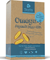 Omega-3 Kapseln DHA & EPA Algenöl von Testa ist mit 250 mg DHA und 125 mg EPA reich an Fettsäuren.