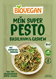 Mit dem Mein Super Pesto °Basilikum-Cashew° von Biovegan zauberst du dir in kürzester Zeit ein köstliches Pesto und das einzige, was du dazu brauchst, ist etwas Wasser und Öl.