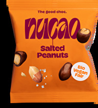 Die Salted Peanuts in Zartbitterschokolade von nucao vereinen geröstete Erdnüsse, mit Salz und cremiger Schokolade.