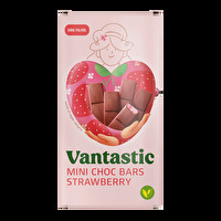 Die Mini Choc Bars Strawberry von Vantastic Foods sind ein Traum aus weißer Erdbeer-Mandelgrießfüllung, eingehüllt in knackiger, dunkler Ummantelung mit verführerischem Kakaoaroma.