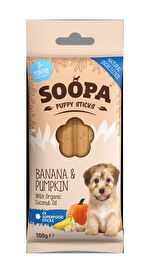 Soopas Kauknochen für Welpen Banana & Pumpkin sind ein idealer, natürlicher Leckerbissen, der die Zähne jedes kleinen flauschigen Freundes gesund und sauber aussehen und riechen lässt.