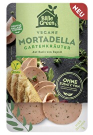 Die vegane Mortadella mit Kräutern von Billie Green bringt frische Kräuternoten wie Schnittlauch und Petersilie auf den Frühstückstisch.