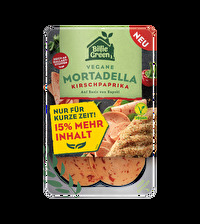 Die vegane Mortadella mit Kirschpaprika +15% mehr Inhalt von Billie Green sorgt für frischen Wind auf deinem Brot.