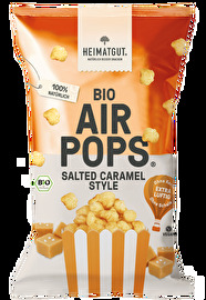 Die Bio AirPops Salted Caramel Style von Heimatgut – luftig gepopptes Popcorn mit knuspriger Schale und zartem Kern. Ganz ohne Schalenteile und Zusatzstoffe, bietet es den perfekten süß-salzigen Kick für puren Snack-Genuss!