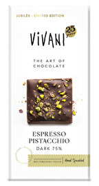 Espresso Pistacchio Dark 75% - Limited Edition von VIVANI: Diese feine Bitter-Schokolade mit 75% mildem Panama-Kakao und gesüßt mit Kokosblütenzucker, ist handbestreut mit gesalzenen Pistazienstückchen und Espressopulver.