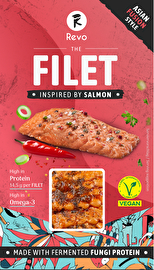 The Filet Asian Fusion Style – Vegane Lachsfilet-Alternative von Revo Foods mit authentisch fischigem Geschmack und blättriger Lachsstruktur.