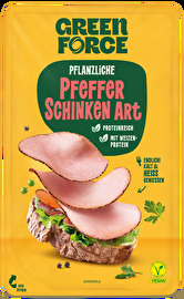 Pflanzliche Pfeffer Schinken Art von GREENFORCE – Leicht würzig, delikat und voller Geschmack! Ob kalt als Brotbelag oder heiß auf Pizza und Toast – diese pflanzliche Alternative überzeugt mit ihrem authentischen Geschmack und vielseitigen Einsatzmöglichkeiten.