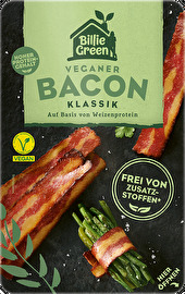Der vegane Bacon in Scheiben von Billie Green ist ein richtiger Game Changer was die Konsistenz nach dem Braten angeht.