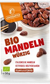 Der würzige Bio Mandeln Knabbersnack von Landgarten bringt vitaminreiche Mandeln mit Tamari-Soja-Soße zusammen.