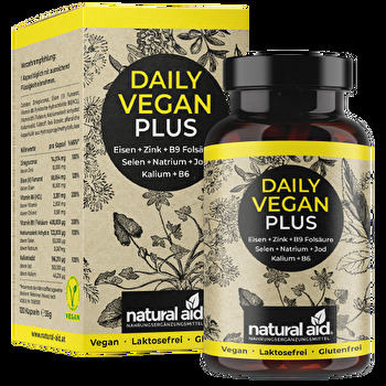 natural aid - Daily Vegan PLUS Eisen + Zink + B9 Folsäure + Selen + Natrium + Jod + Kalium + B6 Kapseln