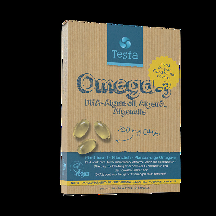 Die Omega-3 Kapseln 250mg DHA von Testa deckt mit einer Kapsel den Tagesbedarf an Omega 3. In einer Kapsel sind 625 mg Algenöl enthalten, davon über 250 mg pures DHA.