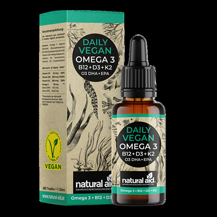 Mit den Daily Vegan Omega3 Tropfen von natural aid füllst Du Deinen Omega-3 Speicher wieder auf.