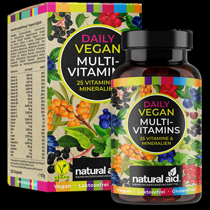 Bei den Vegan MultiVitamins 25in1 von natural aid handelt es sich um einen bunten Vitamincocktail.
