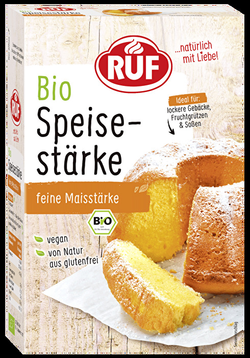 Die Bio Speisestärke von RUF ist der ideale Begleiter, wenn es darum geht, Saucen oder Cremes anzudicken, oder fluffiges Gebäck zu zaubern! Nur wenige Gramm der Maisstärke reichen aus, um 500 ml Flüssigkeit zu binden.