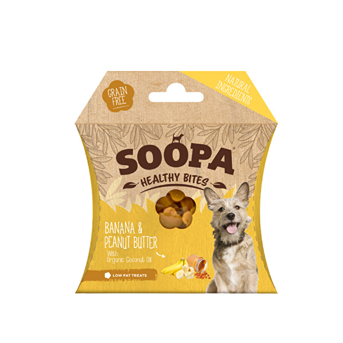 Hundedrops Healthy Bites Banana & Peanut Butter von Soopa sind getreidefrei, hypoallergen und werden aus natürlichen Zutaten hergestellt.
