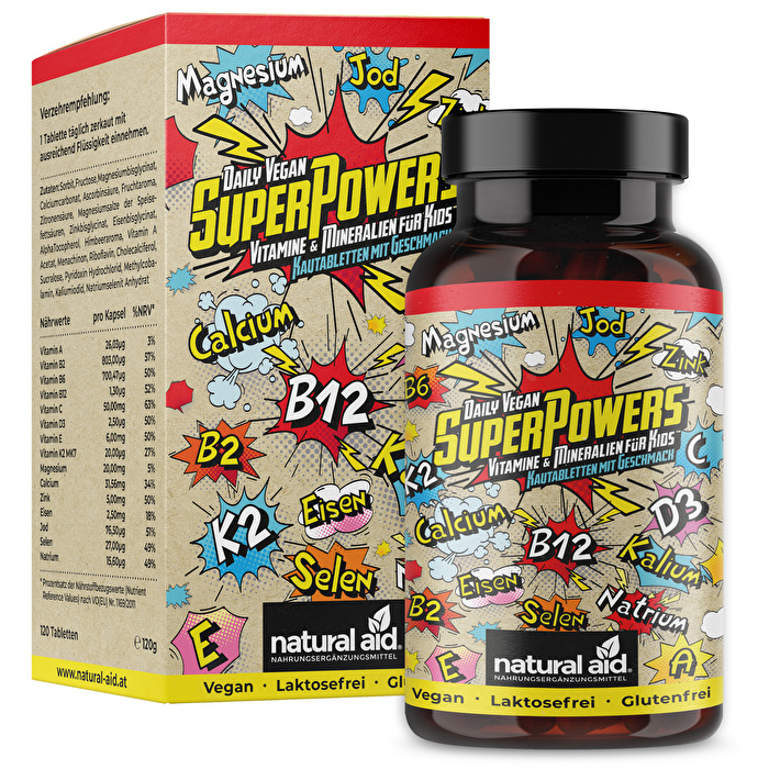 Daily Vegan Superpowers - Vitamine & Mineralien für Kids von natural aid enthalten die Vitamine B12, K2, B2, B6, A, C, E sowie Kalzium, Magnesium, Eisen, Zink, Kalium, Jod, Natrium und Selen.