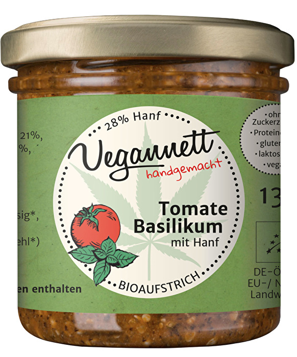 Der Aufstrich Tomate Basilikum mit Hanfsaat von Vegannett wird auf nussfreier Basis mit Hanf aus Sachsen und geschälten Hanfsamen aus Österreich hergestellt.