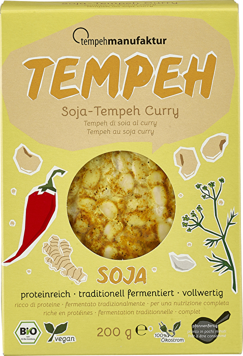 Der Tempeh Curry von Tempehmanufaktur ist besonder für indische Gerichte oder alle Speisen geeignet, die mit der milden schärfe von Curry und dem exotischen Geschmack gut klar kommen.