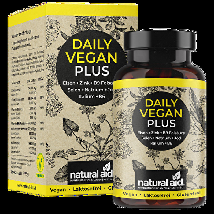 Das Daily Vegan Plus von natural aid stellt eine gelungene Kombination aus Eisen, Zink, B9, B6, Kalium, Jod und Folsäure dar.