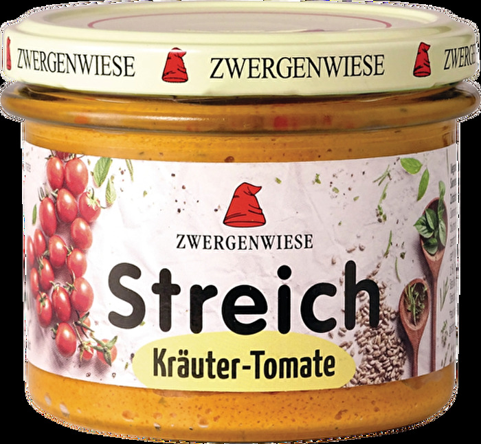 Der Kräuter Tomate Streich aus dem Hause Zwergenwiese auf Basis von Sonnenblumenkernen wurde mit sonnengereiften Tomaten und Kräutern verfeinert.
