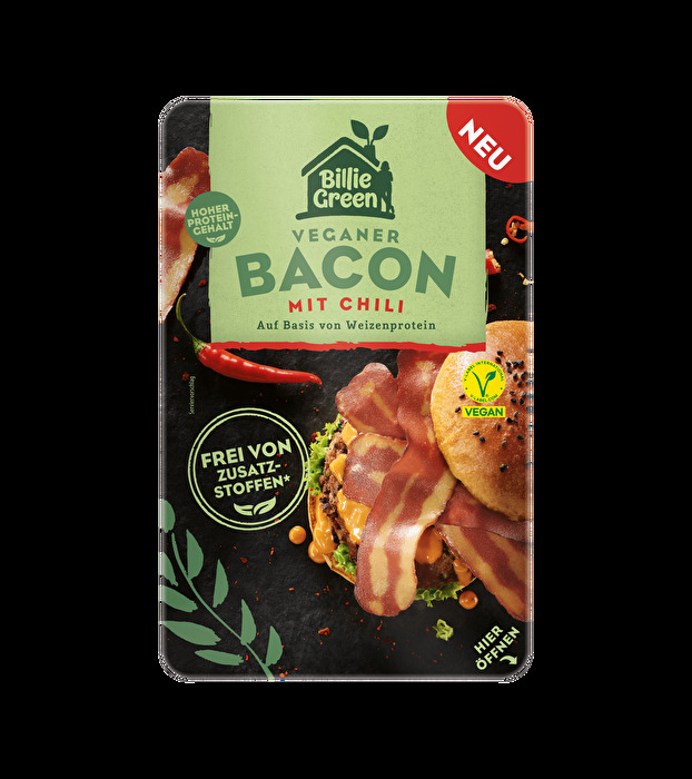 Die Veganen Baconscheiben mit Chili von Billie Green bestehen aus Weizenprotein, sind gegart und geräuchert.