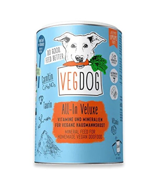 Das Mineralpulver ALL-IN VELUXE enthält alle Vitamine, Mineralien, Spurenelemente und Aminosäuren, die für vegan ernährte Hunde essentiell sind und durch den nativen Gehalt der Zutaten nicht abgedeckt werden können.