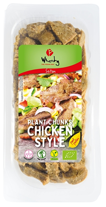 Die Plant Chunks Chicken Style von Wheaty sind eine pflanzliche Alternative zu Geflügel Schnetzel auf Basis von Seitan.