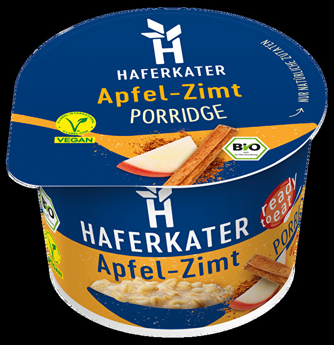 Das fertige Apfel-Zimt Porridge von Haferkater ist optimal für dich, wenn du auch an stressigen Tagen oder unterwegs auf dein morgendliches Porridge nicht verzichten willst.