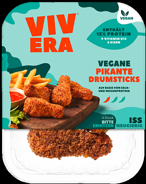 Die veganen, pikanten Drumsticks von Vivera sind panierten Chicken Wings nachempfunden.