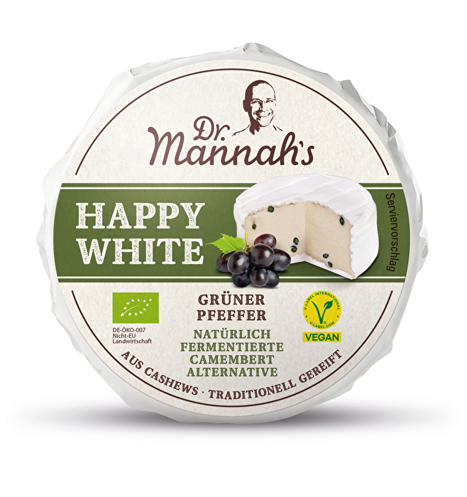 Der Happy White mit Grünem Pfeffer ist eine auf Cashewnüssen basierende Alternative zu Camembert.
