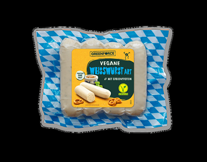 Die vegane Weisswurst Art von GREENFORCE ist eine herzhafte und leckere Wurst-Alternative auf Erbsenbasis.