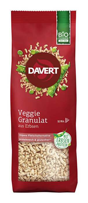 Das Veggie Granulat von Davert besteht auf Erbsenproteinbasis und ist daher nicht nur glutenfrei, sondern auch frei von Soja.