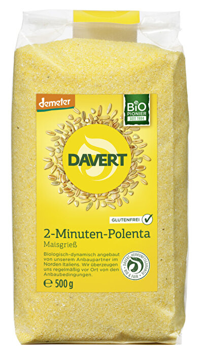 Die 2-Minuten Polenta von Davert ist wie der Name schon sagt, ratzfatz zum Verzehr oder der Weiterverarbeitung, für beliebige Rezepte, fertig.