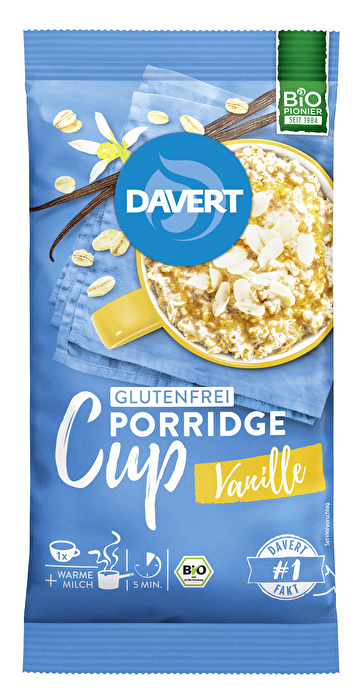 Dieser Hafer Porridge-Cup Vanille von Davert ist glutenfrei, mineral- und ballaststoffreich.