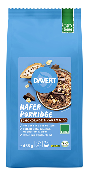 ! Mit dem Hafer XL Porridge Schokolade mit Kakao Nibs von Davert kannst du dir einfach 7 Tage am Stück gelingsicheren Genuss zubereiten.