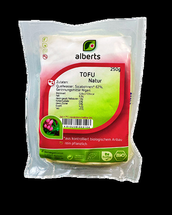 Tofu Natur von alberts ist ein Basis-Tofu, das nach traditionellem Verfahren hergestellt wird.