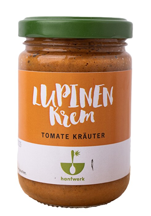 Die Lupinenkrem Tomate Kräuter von hanfwerk ist ein Brotaufstrich, den man auch als Dipp verwenden kann.