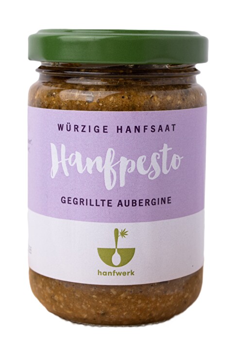 Im Hanfpesto Gegrillte Aubergine von Hanfwerk unterstreichen feine Röstaromen den Geschmack der Aubergine.