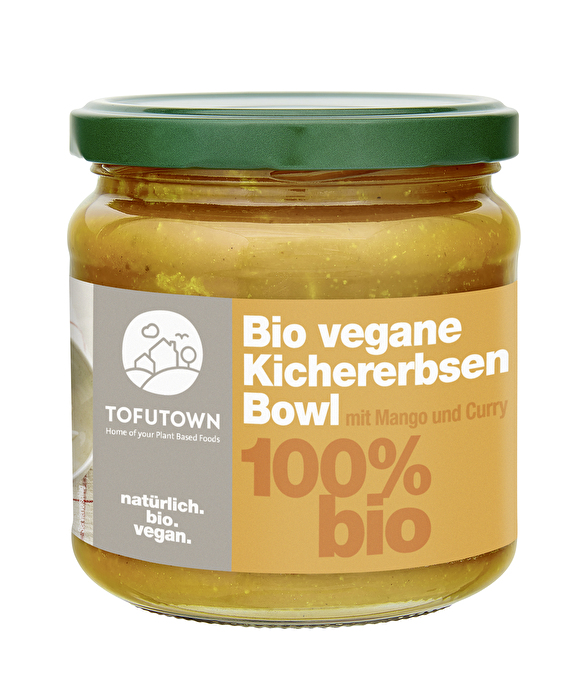 Fruchtig-säuerlich und würzig im Geschmack, beschreibt diese Bio vegane Kichererbsen Bowl von TOFUTOWN ganz gut. Die Sauce hat eine feste-stückige Konsistenz und ist ruck zuck warm gemacht.