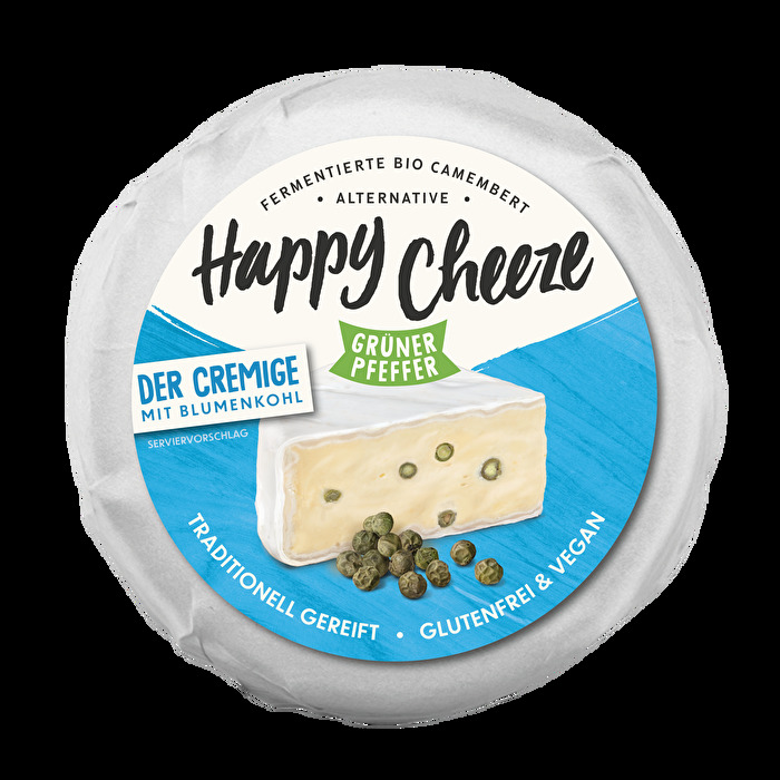 Der Cremige Grüner Pfeffer von Happy Cheeze ist eine fermentierte Bio Camembert-Alternative auf Blumenkohl-Basis und wie der Name schon sagt cremig weich in seiner Konsistenz.