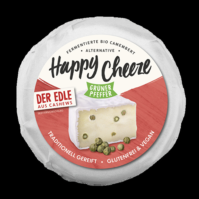 Happy Cheeze der Edle mit Grünem Pfeffer ist eine auf Cashewnüssen basierende Alternative zu Camembert.