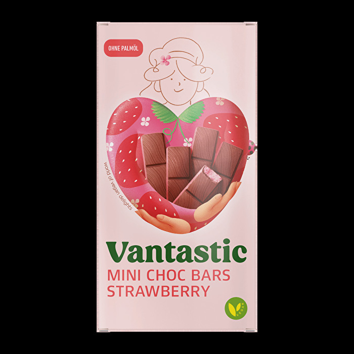 Die Mini Choc Bars Strawberry von Vantastic Foods sind ein Traum aus weißer Erdbeer-Mandelgrießfüllung, eingehüllt in knackiger, dunkler Ummantelung mit verführerischem Kakaoaroma.
