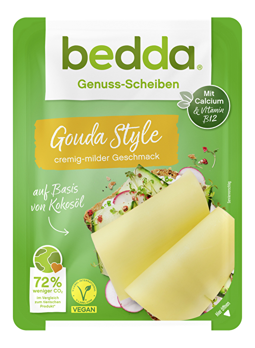 Die Scheiben Gouda Style von Bedda sind eine milde pflanzliche Käsealternative für Deine vegane Brotzeit.