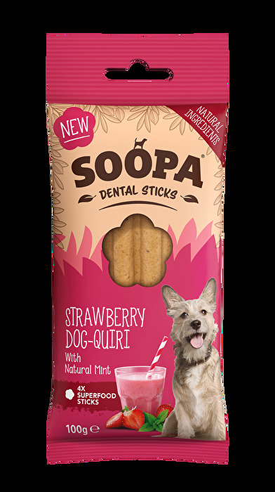 Bei den Kauknochen Strawberry Dog-Quiri von Soopa trifft fruchtige Erdbeere auf den erfrischenden Geschmack von Minze!