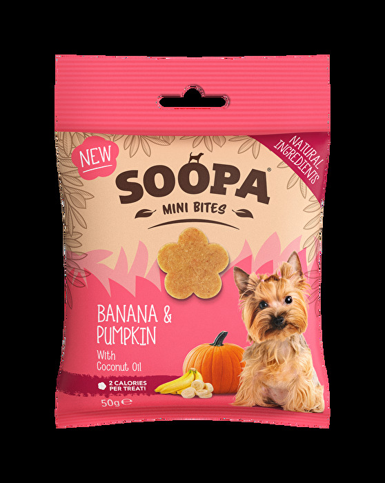 Die Hundedrops Banana & Pumpkin MINI von Soopa bieten Deinem Liebling den vollen Geschmack sind aber extra auf kleine Zähne eingestellt.